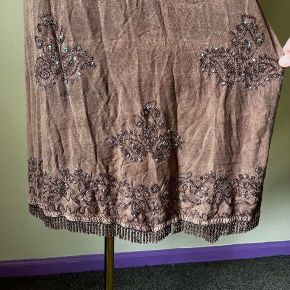 Vintage Y2K Brown Embroidered Slip Dress Fringe Hem Boho Summer Festival Small - Picture 3 of 10